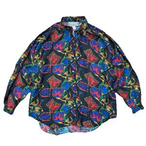 VTG 80s Bonjour Womens Button Up Top Size M 100% Silk Colorful Artsy Abstract